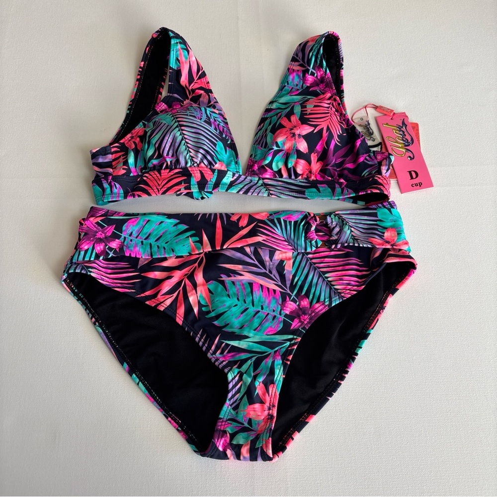 NWT HEAT Swimwear 2-pc Bikini Tropical Fiji Tie Back Top Sz D Bottom Sz Large